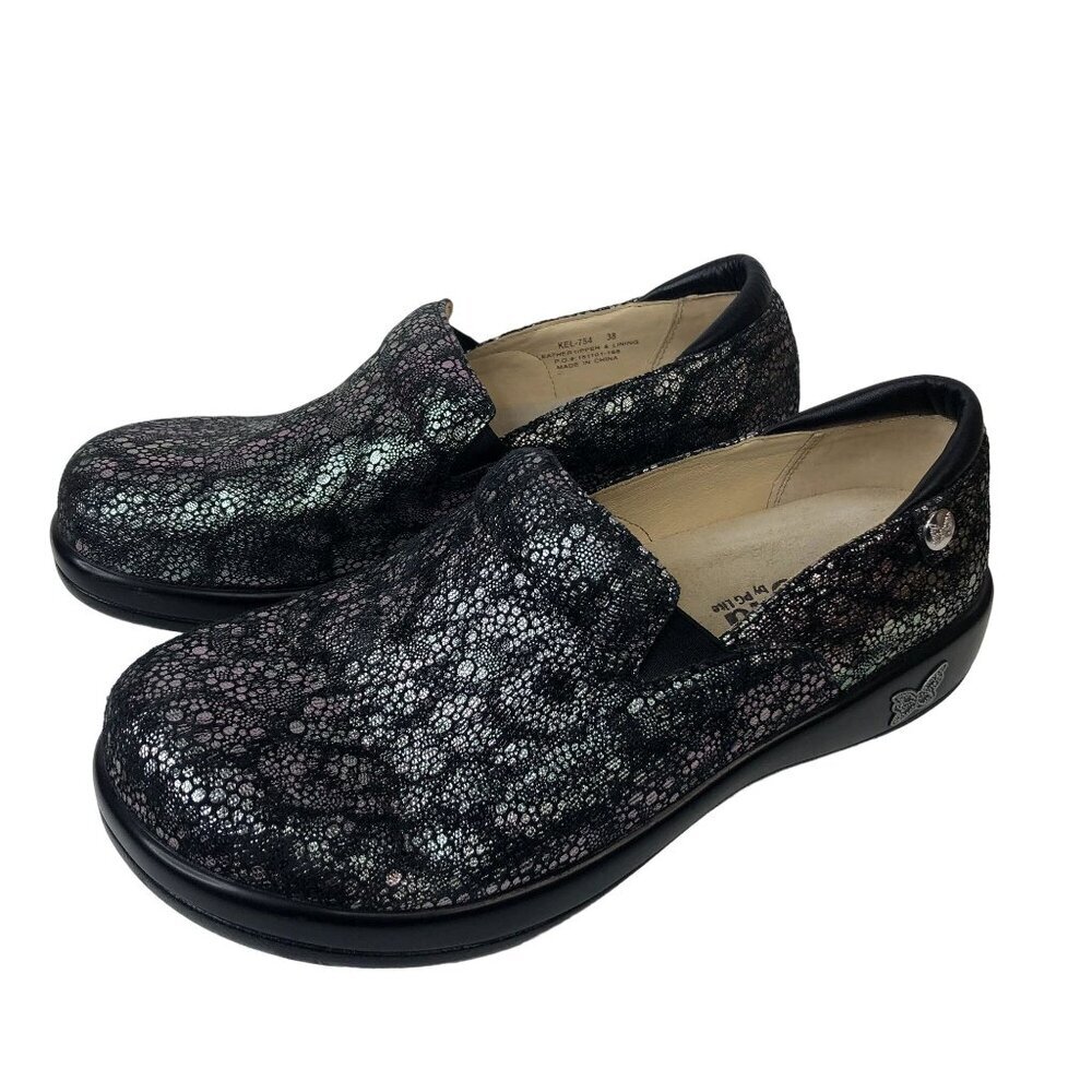 Alegria by PG Lite Womens Clogs Size 38 Black Embossed Leather Slip Resistant